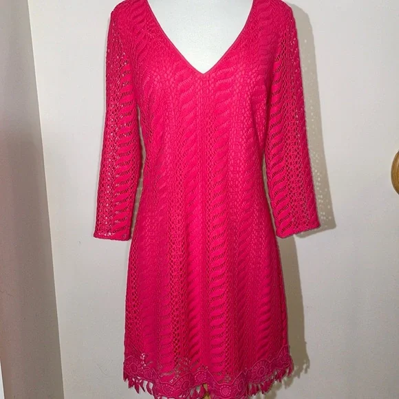 long sleeve lace mother of the bride dresses Zapaka Women Pink Mother Wedding Dress Lace Round Neck Ruched Long Sleeves Mother Of The Bride Dress, Pink / US2